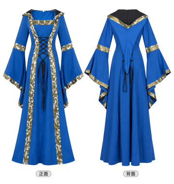 Women's Medieval Hooded Bell Sleeve Vintage Court Swing Maxi Dress, Halloween Witch Costume