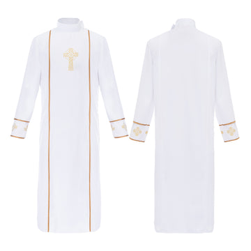 White Medieval Priest Robe Cosplay Costume, Yellow Cross Print Long Gown, Halloween Stage Performance Outfit, Priest Cos
