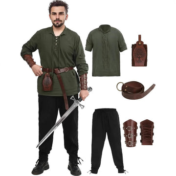 Medieval green shirt and black trouser set for man