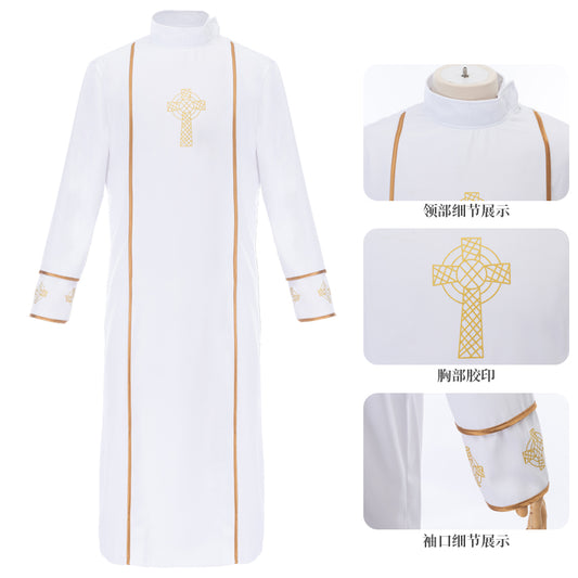 White Medieval Priest Robe Cosplay Costume, Yellow Cross Print Long Gown, Halloween Stage Performance Outfit, Priest Cos