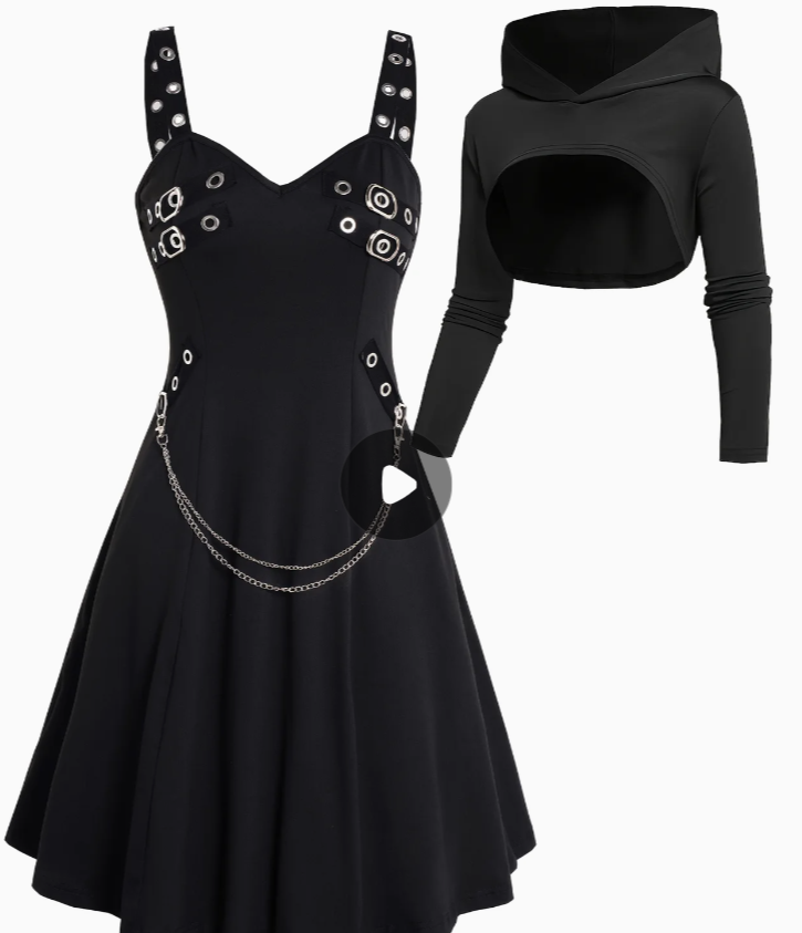 Rock Gothic Metal Piece Decorated V-Neck Vest Dress with Hooded Long Sleeve