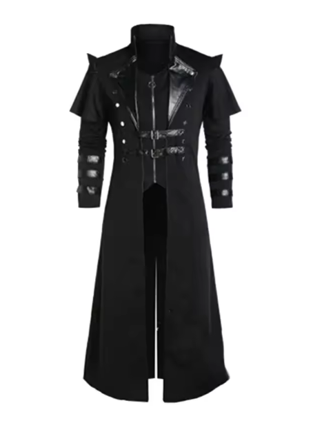 Vintage Halloween Medieval Steampunk Elves Pirate Costume Adult Men Black Long Split Jacket Gothic Armor Leather Coats