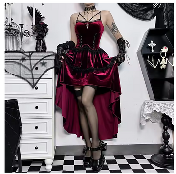 Velvet Cocktail Vintage Elegant Sleeveless Bandage Lace Trim Lolita include accessories