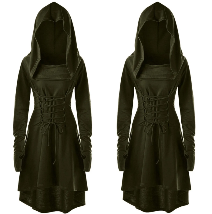 Medieval Cosplay Renaissance Archer Costumes Hooded Robe Lace Up Pullover Long Hoodie Dress Cloak Halloween Party