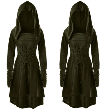 Medieval Cosplay Renaissance Archer Costumes Hooded Robe Lace Up Pullover Long Hoodie Dress Cloak Halloween Party