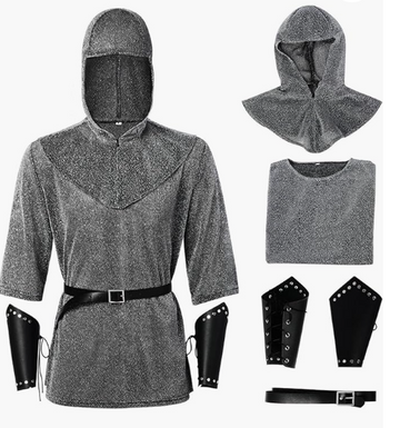 Adult Renaissance Faux Chain Mail Armor Tunic Shirt Coif Medieval Knight Cowl Crusader Costume Halloween Outfits