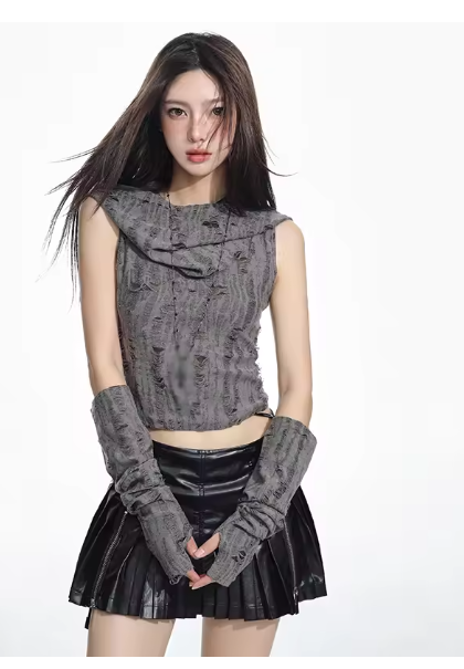 Women's Retro Distressed Slim Fit T-Shirt Fashionable Casual Hooded Vest With Sleeves Top